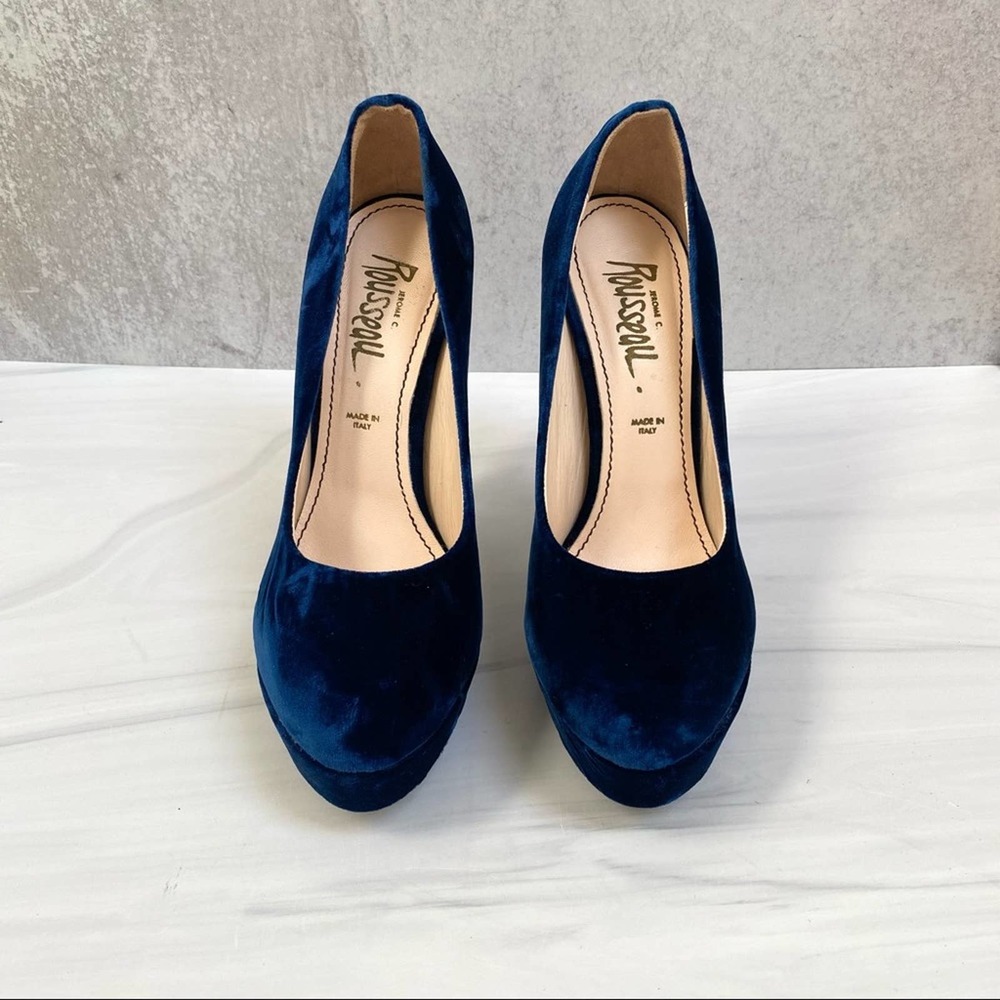 JEROME C ROUSSEAU Blue Velvet Platform Pumps Size 39 - Picture 2 of 12
